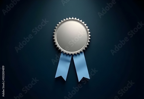 blank silver badge with a blue ribbon isolated on a dark background with a spotlight illuminating the badge create with ai