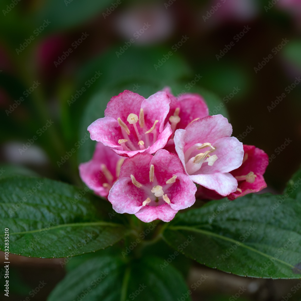Obraz premium Closeup of flowers of Weigela (Unknown Variety) in a garden in early summer