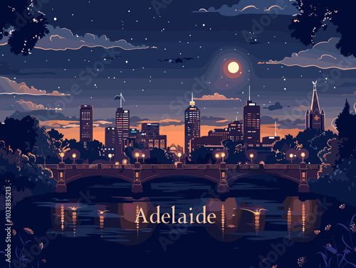 A beautiful cityscape with a large moon shining brightly in the sky. The city is named Adelaide and it is a lovely place to visit