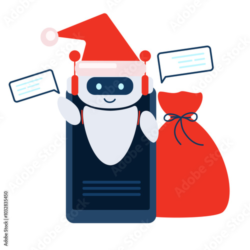 Robot chatbot wishes Happy New Year and Christmas. Technology and AI content generator. Customer care.