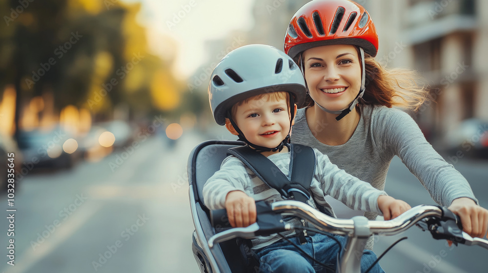 Naklejka premium A mom and her young son, both wearing helmets, ride a bike together. The son sits in a child seat attached to the bike. They're cycling through the city.