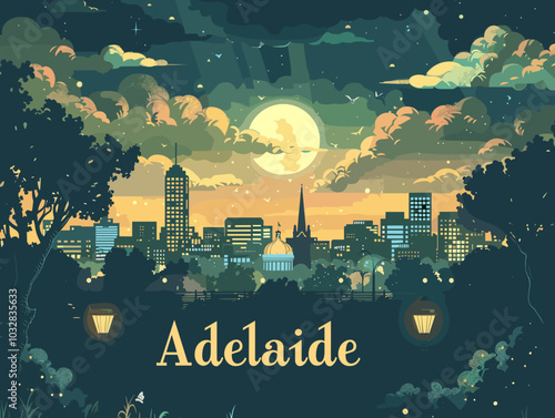 A beautiful cityscape with a large moon shining brightly in the sky. The city is located in Adelaide, a city known for its stunning architecture and vibrant nightlife