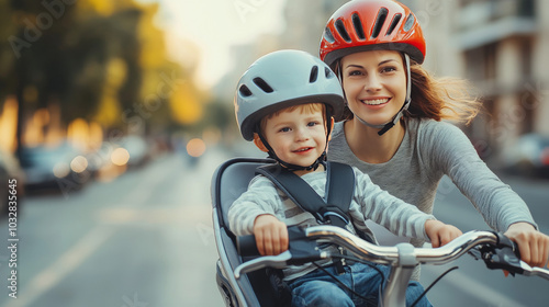 A mom and her young son, both wearing helmets, ride a bike together. The son sits in a child seat attached to the bike. They're cycling through the city. photo