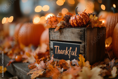 A rustic wooden box with the word Thankful surrounded by pumpkins and autumn leaves during a cozy fall celebration