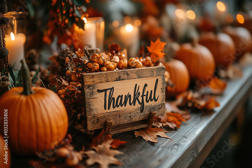 A cozy autumn arrangement featuring pumpkins, candles, and a thankful sign, showcasing fall decorations and warm colors