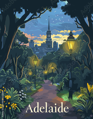 Adelaide, Australia. A painting of a city with a church and a street . The painting is of a city at night with a street light and a lamp post