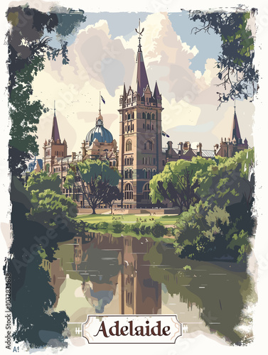 Adelaide, Australia. A painting of a castle. The painting has a peaceful and serene mood, with the castle and the river creating a sense of calmness
