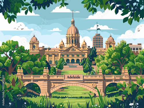 Adelaide, Australia. A painting of a bridge over a river. The painting has a peaceful and serene mood, with the bridge and trees creating a sense of calmness