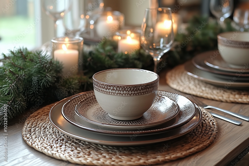 Elegant dining table setting with decorative plates and candles during festive gathering in a cozy atmosphere Elegant dining table setting with decorative plates and candles during festive gathering in a cozy atmosphere