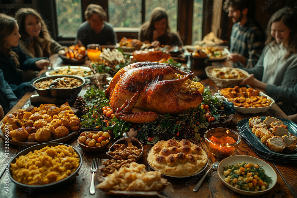A festive Thanksgiving dinner with a beautifully roasted turkey and a variety of traditional dishes shared among family and friends A festive Thanksgiving dinner with a beautifully roasted turkey and a variety of traditional dishes shared among family and friends
