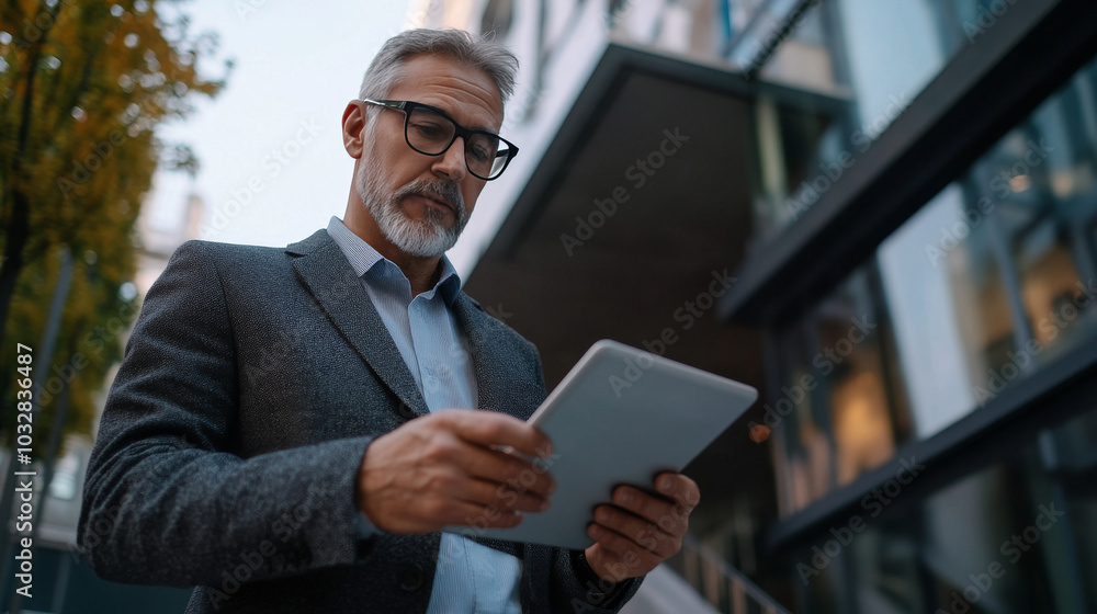 A businessman uses a tablet to connect to the internet in a modern city. This shows how technology is used for business, communication, and online shopping. A businessman uses a tablet to connect to the internet in a modern city. This shows how technology is used for business, communication, and online shopping.
