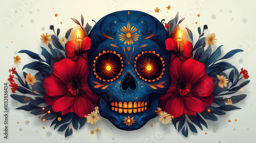 Artistic Depiction of a Day of the Dead Sugar Skull, Featuring Intricate Designs, Vibrant Flowers, and Surrounding Burning Candles, Representing the Celebration of Life and Death