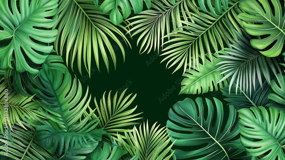 Lush green tropical leaves border with empty space in the center, perfect for text or design. Lush green tropical leaves border with empty space in the center, perfect for text or design.