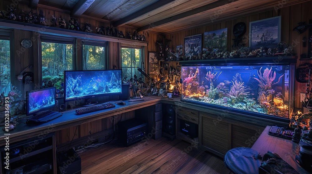 Cozy workspace with an aquarium and nature view. Cozy workspace with an aquarium and nature view.
