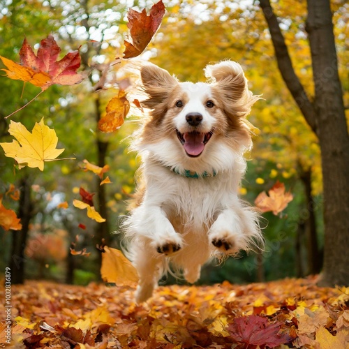 A white and red dog playing in the park, jumping in the autumn leaves.