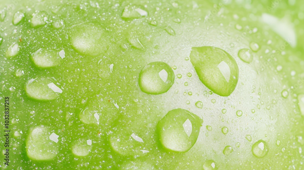 Fresh and Juicy Green Apple with Water Droplets Close-Up - Detailed Macro Photography Highlighting Texture and Freshness Fresh and Juicy Green Apple with Water Droplets Close-Up - Detailed Macro Photography Highlighting Texture and Freshness