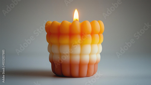 A Candy Corn Candle with Layers of Yellow, Orange, and White Wax with a bright yellow flame