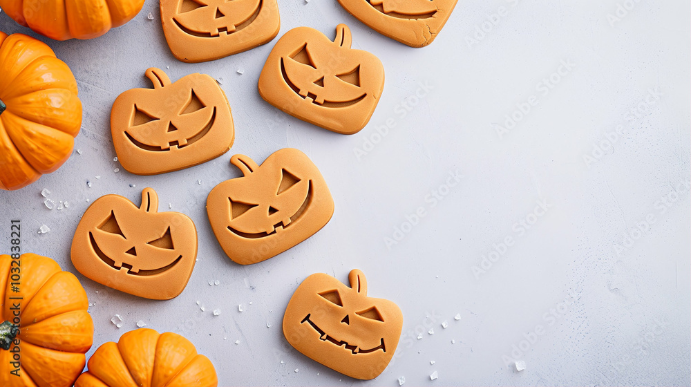 Pumpkin cookies decorated for Halloween with jack-o-lantern designs and vibrant pumpkins in autumn setting Pumpkin cookies decorated for Halloween with jack-o-lantern designs and vibrant pumpkins in autumn setting