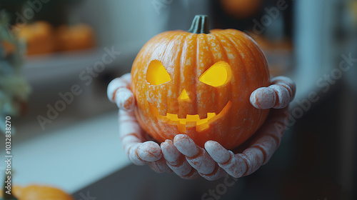 A Candy Corn Skeleton Hand Holding a Tiny Glowing Pumpkin