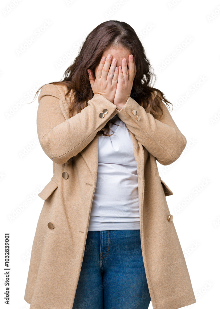 Beautiful plus size young woman wearing winter coat over isolated background with sad expression covering face with hands while crying. Depression concept. Beautiful plus size young woman wearing winter coat over isolated background with sad expression covering face with hands while crying. Depression concept.