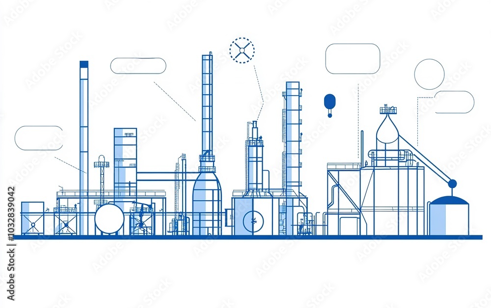 Fototapeta premium Industrial manufacturing facility with various equipment and structures illustrating a production process in a modern setting