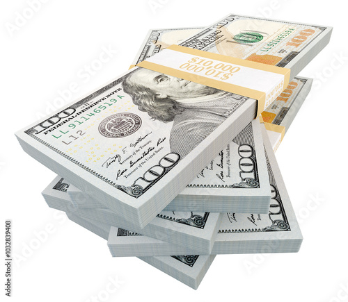 Stacks of One Hundred Dollar Bills Isolated. Transparent PNG.