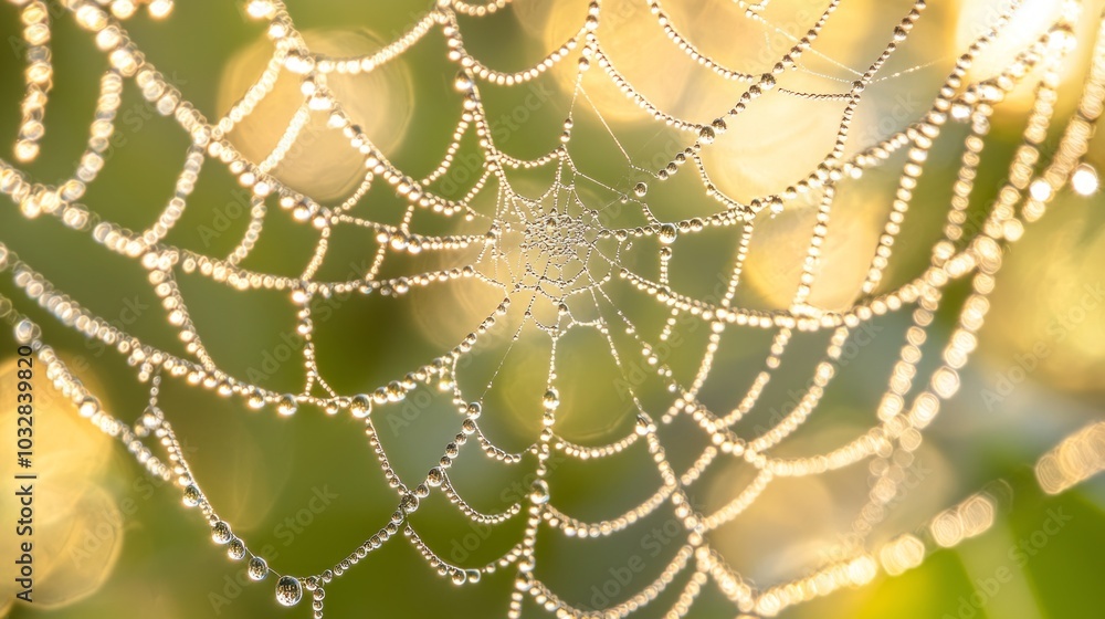 Naklejka premium Exquisite Macro View of Spider Web with Morning Dew, Capturing Delicate Threads and Glistening Droplets in Ultra-Detailed Image