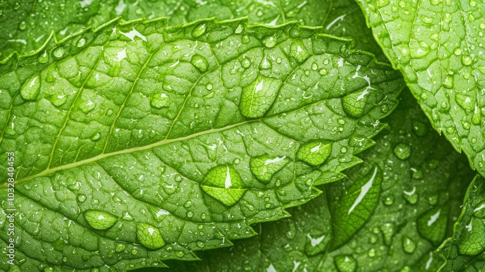 Fototapeta premium Macro Close-up of Fresh Mint Leaf with Water Droplets, Vibrant Green Botanical Background, Ultra-Detailed Nature Photography