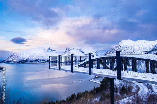 Bergsbotn viewpoint with panoramic view over Bergsfjorden on Senja island in winter. Winter landscape with snowy mountains, fjord and winding road in northern Norway. Scenic view with dramatic sky photo