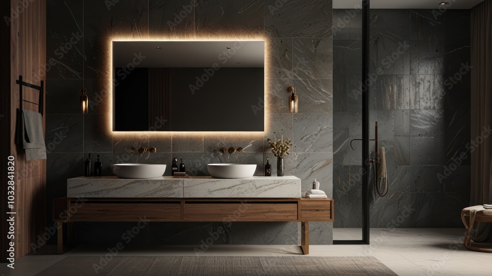 Modern bathroom with a double sink, a large mirror, and a shower stall. Modern bathroom with a double sink, a large mirror, and a shower stall.