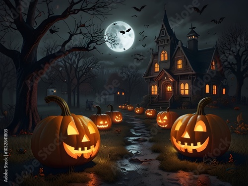 Halloween background with pumpkin and bats, Halloween pumpkins glow warmly in front of a cozy house, creating a festive and inviting autumn atmosphere photo