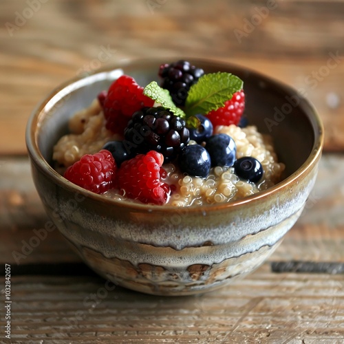 A bowl of quinoa topped with blueberries, raspberries, and blackberries sits on a wooden table. A single leaf of mint sits on top of the fruit. 