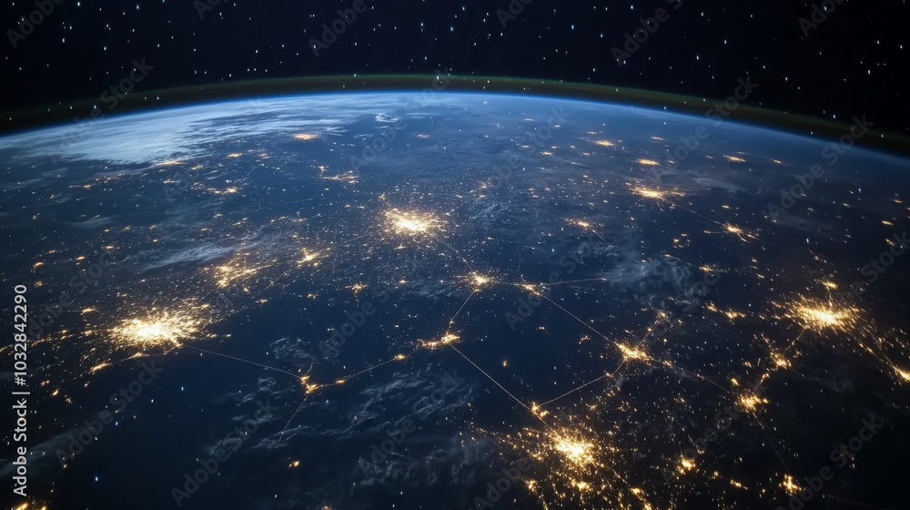 Obraz premium Earth at night, seen from space, shows glowing lines of communication connecting people and businesses worldwide. This image represents the global network of technology and the internet.