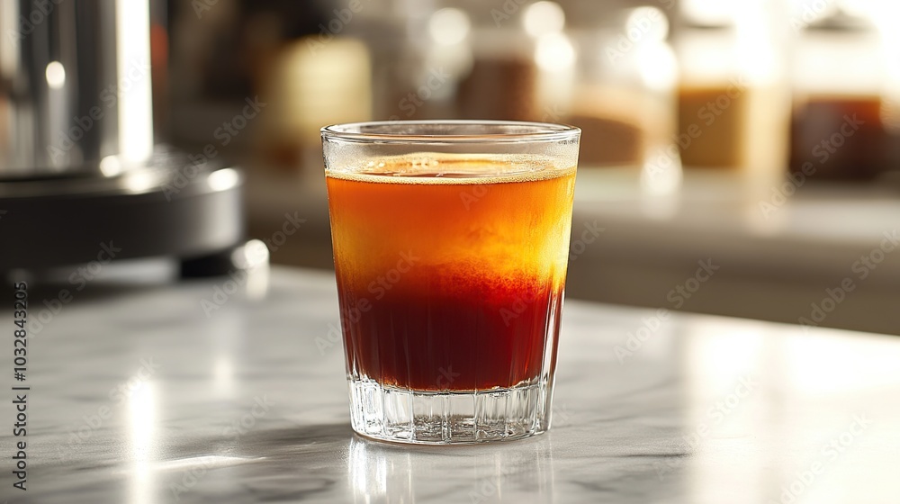 Glass of layered iced coffee on a marble surface. Glass of layered iced coffee on a marble surface.