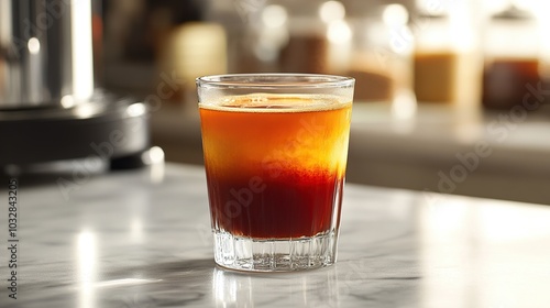 Glass of layered iced coffee on a marble surface.