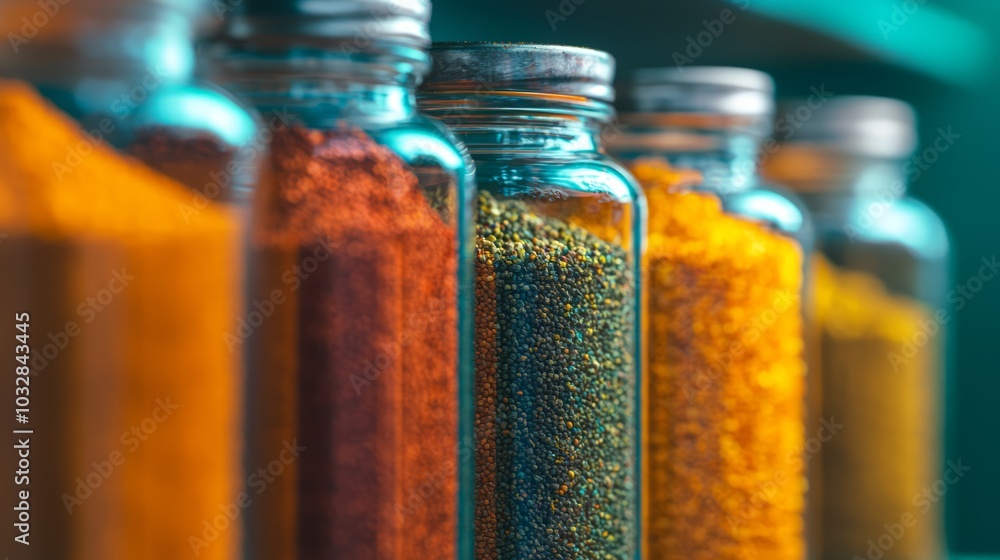 Vibrant Collection of Colorful Spices in Glass Jars with Captivating Textures and Lighting, Ultra-Detailed Still Life Photography Vibrant Collection of Colorful Spices in Glass Jars with Captivating Textures and Lighting, Ultra-Detailed Still Life Photography