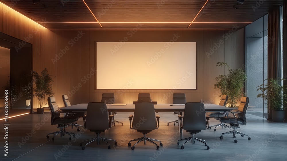 Modern conference room with a large screen and stylish seating arrangement. Modern conference room with a large screen and stylish seating arrangement.