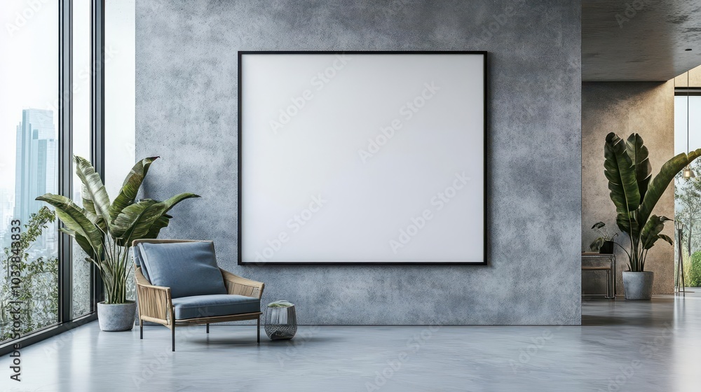 Modern room with empty canvas frame, stylish chair, and indoor plants. Modern room with empty canvas frame, stylish chair, and indoor plants.