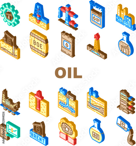 oil industry petroleum refinery icons set vector. exploration drilling, extraction offshore, onshore pipeline, reservoir, geology oil industry petroleum refinery isometric sign illustrations