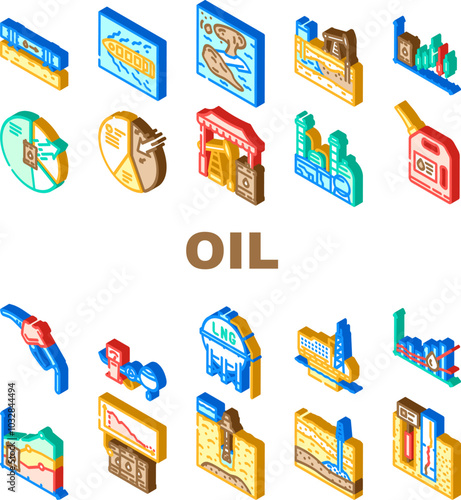 oil industry petroleum drilling icons set vector. pipeline, reservoir geology, seismic upstream, downstream midstream, crude oil industry petroleum drilling isometric sign illustrations