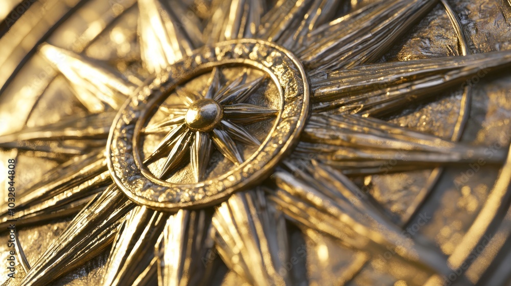 Fototapeta premium Antique Compass Rose Close-Up with Intricate Designs and Patina - Detailed Macro Shot Capturing Light Reflections