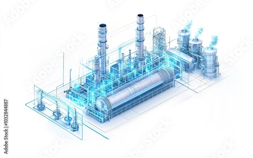 Modern power generation facility with cooling towers and smoke emissions in a vibrant, technological setting photo