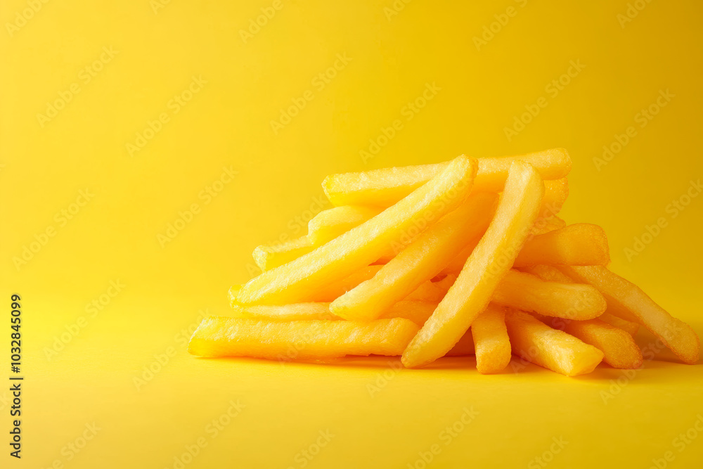 pile of french fries on yellow background with copy space pile of french fries on yellow background with copy space