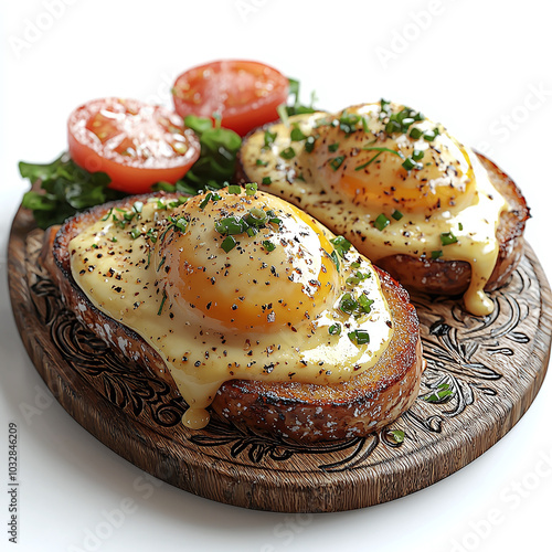 Gourmet Breakfast Delight: Perfectly Poached Eggs on Golden Toast with Fresh Herbs and Tomatoes - Ideal for Culinary Photography and Food Stock Images photo