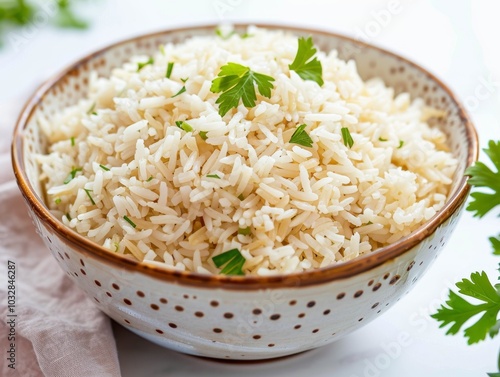 A bowl of rice pilaf on a white background