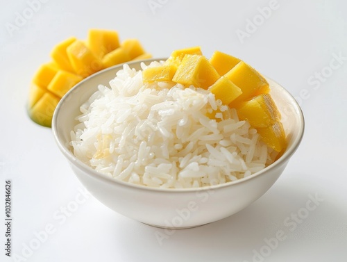 A bowl of sticky rice with a slice of mango on a white background photo