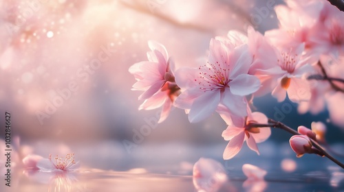 Pink cherry blossom flowers blooming in the spring with sunlight and bokeh.