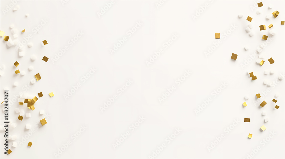 Obraz premium White and Gold Confetti on a White Background. Festive Celebration Background with Copy Space. flat lay, top view