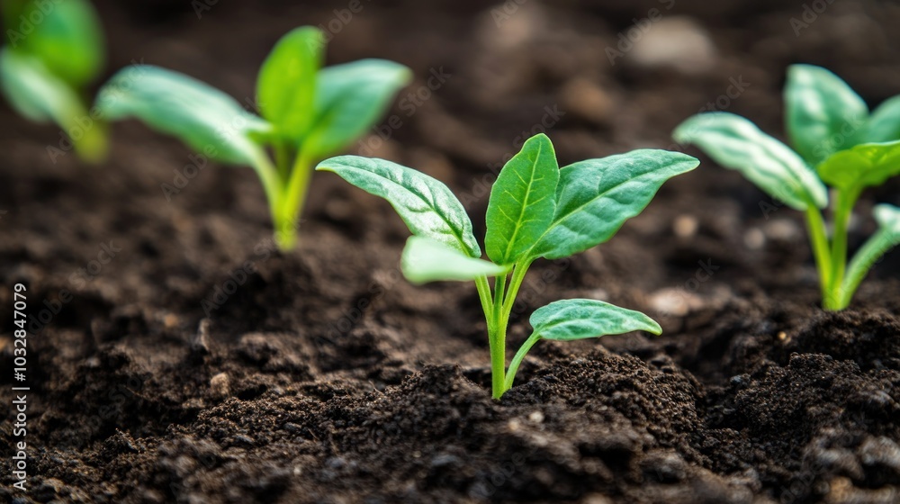 Young green plants sprouting from rich soil, symbolizing growth and renewal. Young green plants sprouting from rich soil, symbolizing growth and renewal.