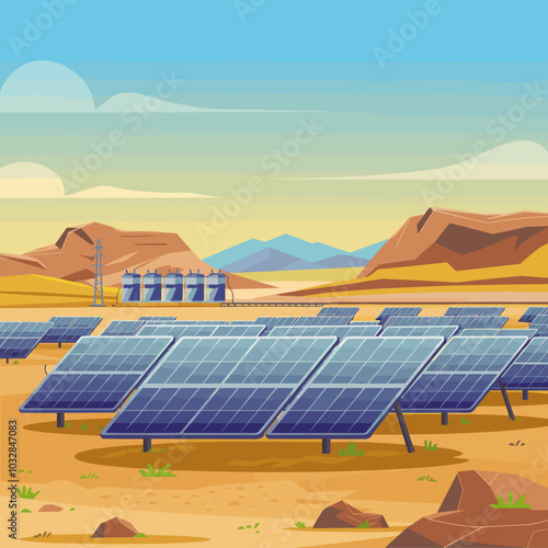 Cartoon-Style Solar Farm in Desert Landscape Vector Illustration